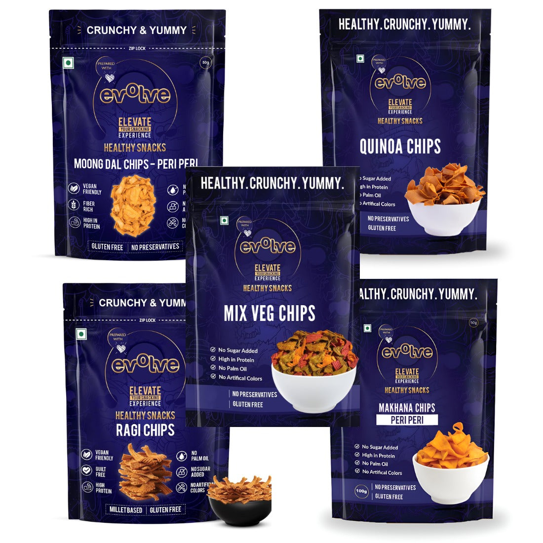 Evolve Snacks Mix veg chips, Moong dal chips, Ragi Chips, Makhana chips, Qunioa Chip ...
